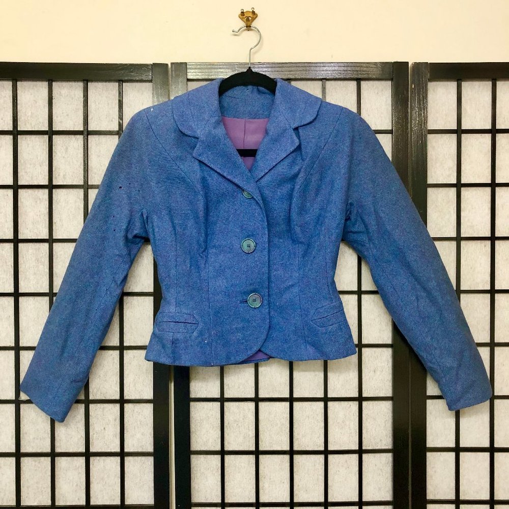 Vintage Union Made Blue Wool Jacket Blazer Skirt Suit Set XS Distressed Holes B2